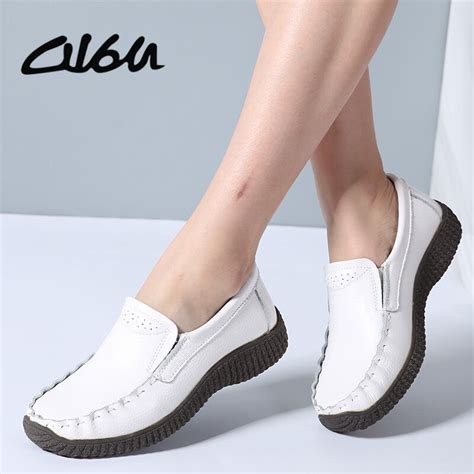 O16u 2018 Spring Women Flats Casual Shoes Genuine Leather Slip On