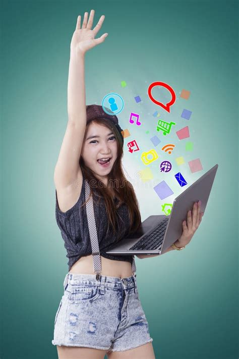 Cheerful Girl Uses Social Media With Laptop Stock Photo Image Of