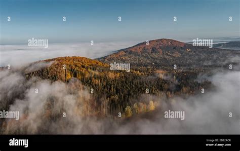 Aerial View Of Morning Foggy Landscape Fall Autumn Peaceful Scenery
