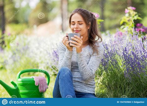 Woman Drinking Tea Or Coffee At Summer Garden Stock Photo Image Of