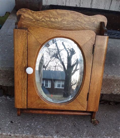 Antique Oak Medicine Cabinet Oval Bevel Mirror Old Architectural
