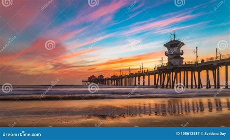 Sunset By The Huntington Beach Pier In California Stock Image Image