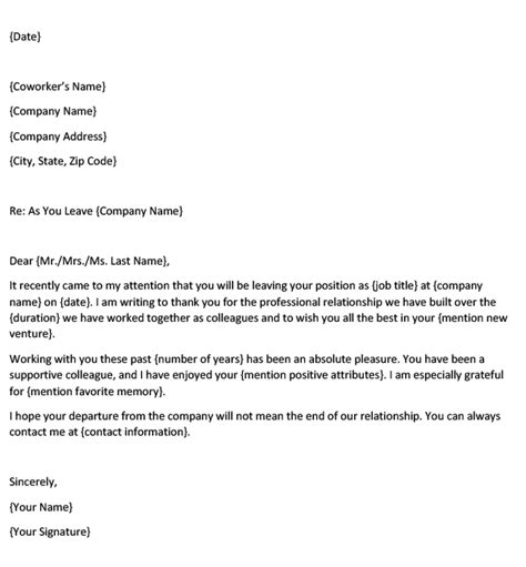 Farewell Letter To Coworker Leaving The Company Template Examples