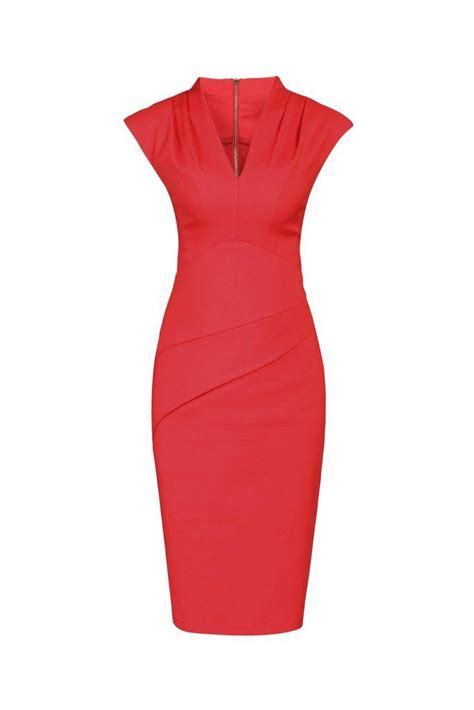 Red V Neck Capped Sleeve Ruched Waist Pencil Dress Pencil Dress