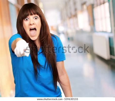 Woman Screaming Pointing Finger Indoor Stock Photo 109630133 Shutterstock