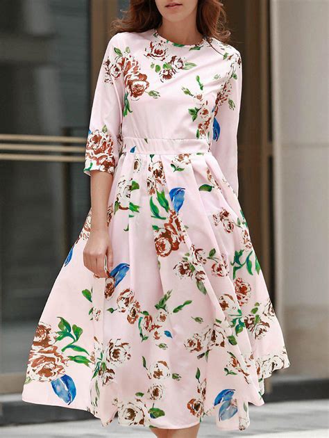 26 Off 2022 34 Sleeve Floral Print Midi Dress In Pink Zaful