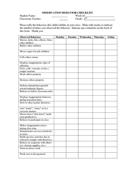 Observation Behavior Checklist Classroom Behavior Management Student