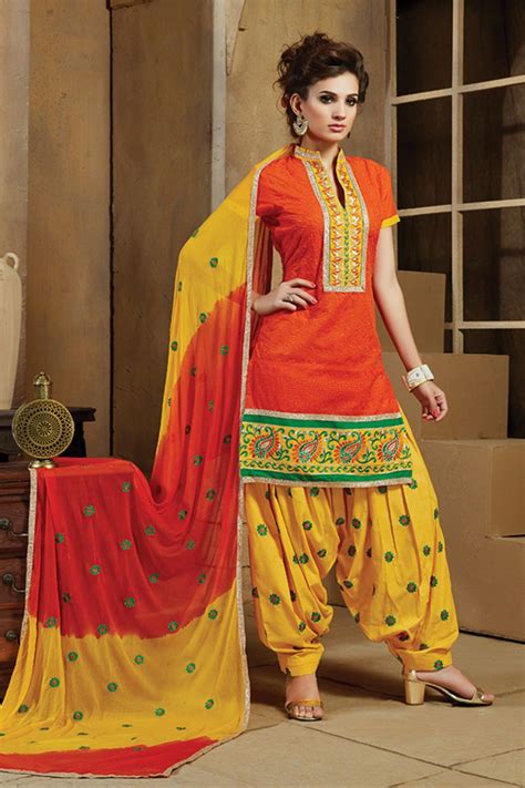 stylish punjabi style function wear patiala orange and yellow cotton chicken suits shalwar