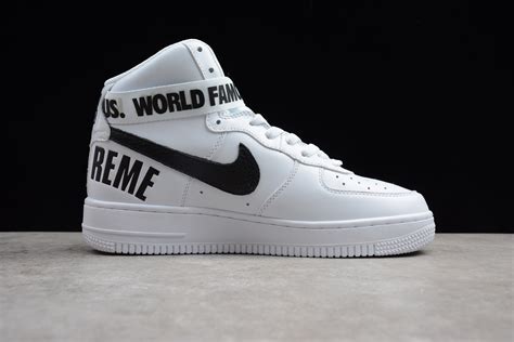 Right off the back you can see the perforated diamond pattern on the white leather upper. Supreme x Nike Air Force 1 High White Men's and Women's ...