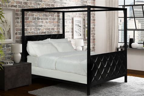 Dorel Alford Black Queen Premium Modern Metal And Upholstered Canopy Bed