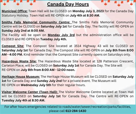 Canada Day Hours Town Of Smiths Falls