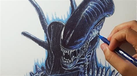 How to draw an alien from alien vs predator avp step by. Drawing "XENOMORPH" Alien with Ballpoint Pen - YouTube