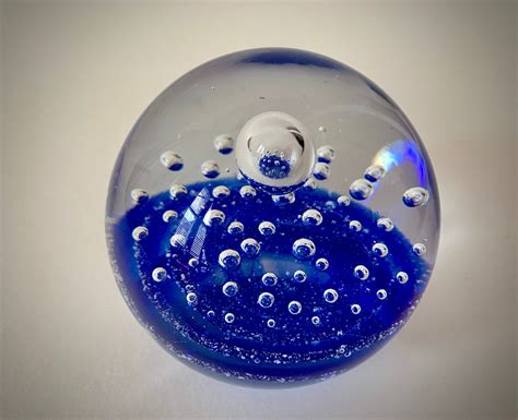 Large Hand Blown Blue Bubble Glass Paperweight Mini Galaxy Etsy Blown Glass Paperweight