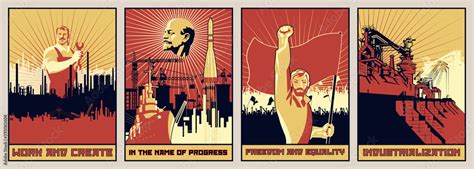 Old Soviet Propaganda Posters Style Labor Revolution Progress Stock
