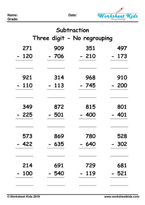 Subtraction Of Whole Numbers Without Regrouping Worksheets