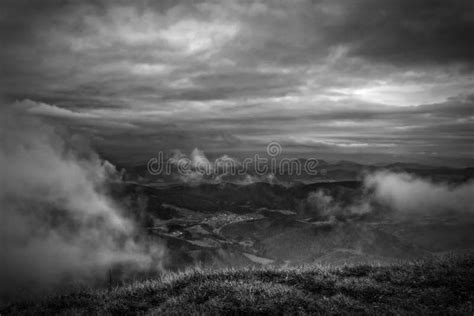 Mountain Forest Landscape Under Evening Sky With Clouds Stock Image