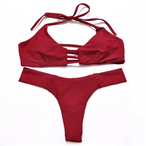 2017 Sexy Bandage Brazilian Bikinis Women Swimwear Swimsuit Push Up Red Bikini Set Halter Top