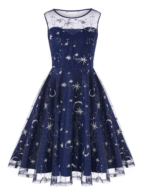 Vintage Mesh Panel Moon Stars Embroidered Flare Dress Fashion Dresses