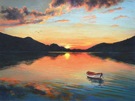 Sunset Over A Mountain Lake Acrylic Painting