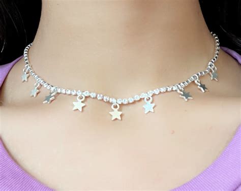 Silver Star Necklace With The Rhinestone Chain Etsy