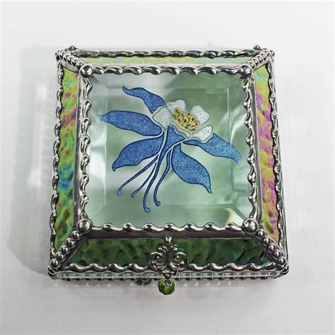 Etched Hand Painted Columbine Flower Stained Glass Keepsake Box Jewelry Box