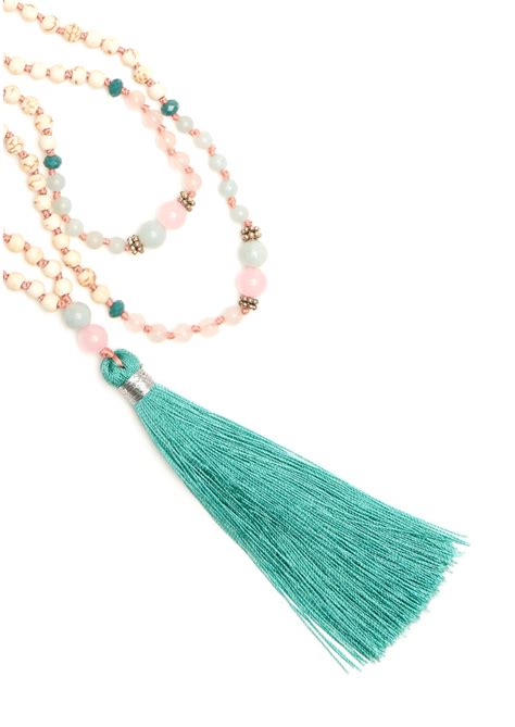 TRIBE FABLE Single Tassel Necklace Pink Aqua