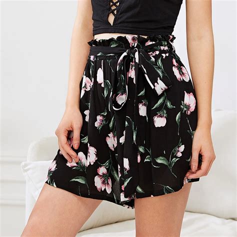 Womens Shorts Multicolor Elastic Mid Waist Lace Up Floral Loose Shorts