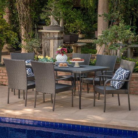 Weather resistant + uv protection. Noble House Macy Grey 7-Piece Wicker Outdoor Dining Set ...