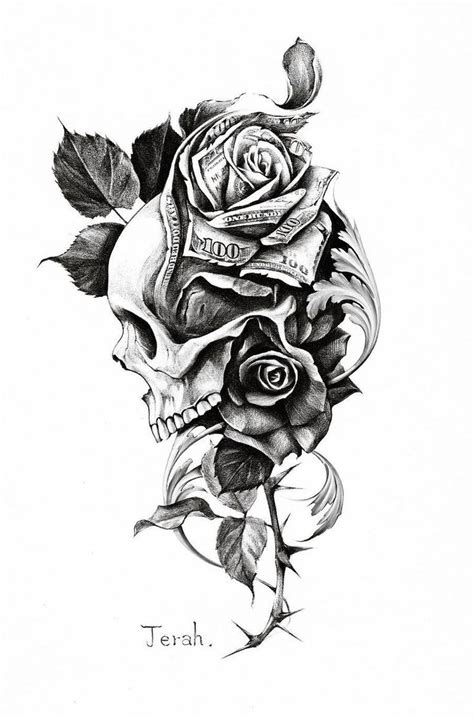 A Drawing Of A Skull With Roses On It