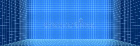 Blue And White 3d Digital One Point Perspective Grid Room Stock Vector