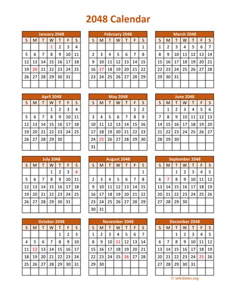 Full Year 2048 Calendar On One Page