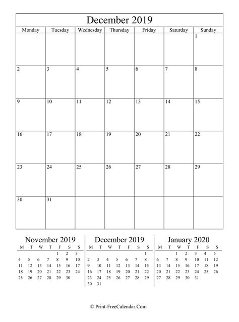 Editable Calendar December 2019 Portrait Layout