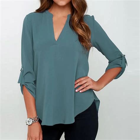 Women Casual Top Blouses Chiffon Loose Plus Sizes 5xl Solid Roll Up Long Sleeve Elegant Office