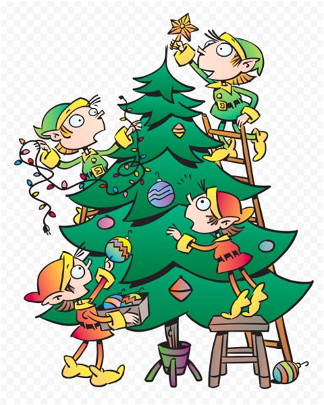 Cartoon Clipart Elves Decorating Christmas Tree Png Citypng