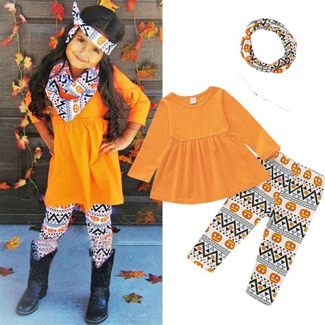 Halloween Toddler Kids Girl Outfits 3 Pieces Set Orange Long Sleeve T
