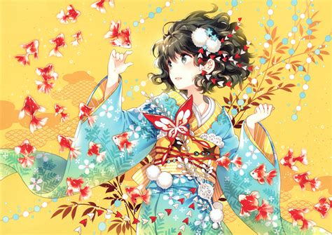 Wallpaper Illustration Anime Fish Butterfly Kimono