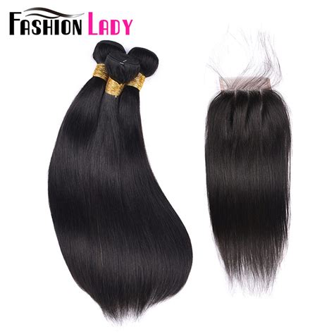 fashion lady natural color 100 human hair weave straight with closure 3 part lace closure with