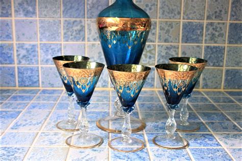 Italian Venetian Murano Blue Wine Glasses Cordial Set With 24 Ct Gold