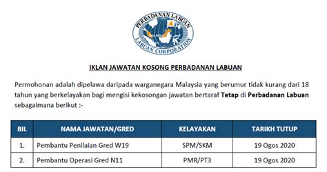 Jawatan kosong 2021 di cimb group | permohonan adalah dipelawa daripada warganegara malaysia yang berkelayakan dan berumur tidak kurang dar. Permohonan Jawatan Kosong di Perbadanan Labuan - Kelayakan ...