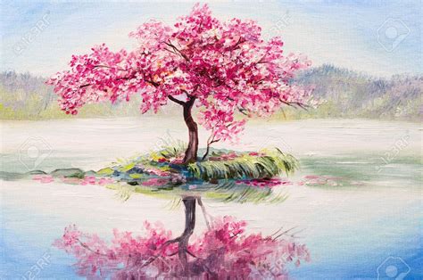 Oil Painting Landscape Oriental Cherry Tree Sakura On The Lake Tree