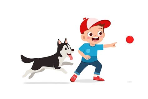 Feliz Lindo Ni O Ni O Ni A Jugar Con Perro Mascota Vector Premium