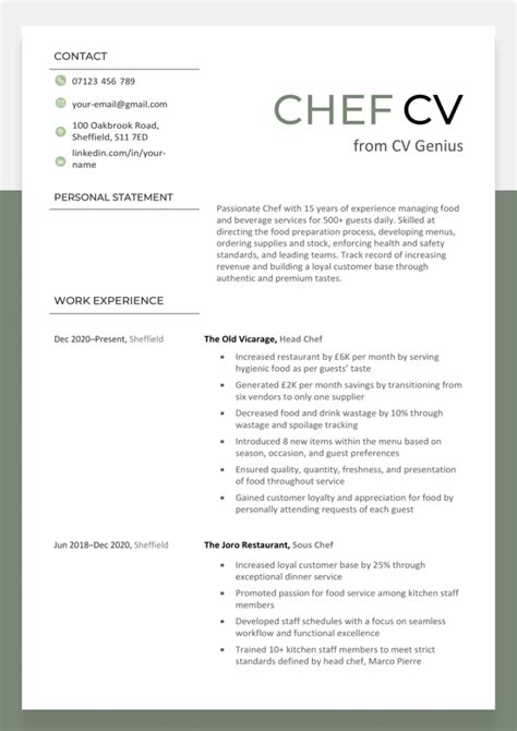 Chef Cv Example And Writing Guide Cv Genius