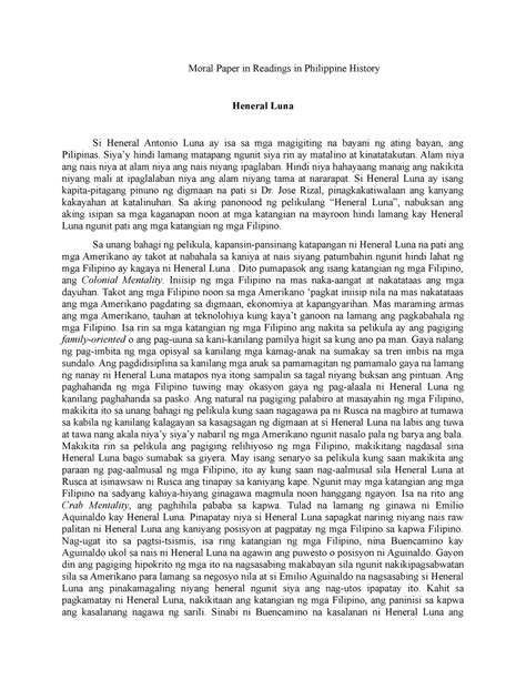 Moral Papers Final Heneral Luna Moral Paper In Readings In Philippine History Heneral Luna