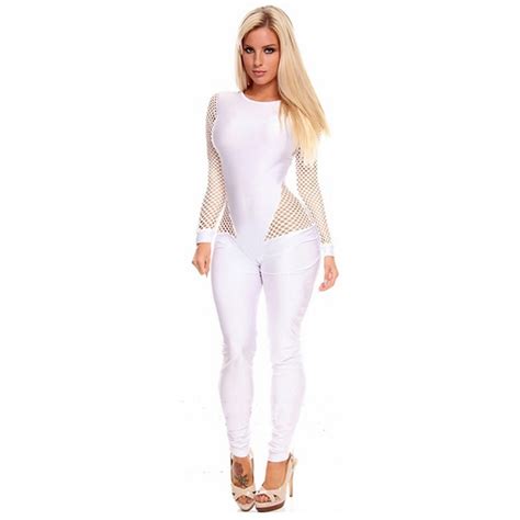 Hot Women Sexy Long Sleeve Bodysuit White Skinny Ladies Mesh Hollow Out