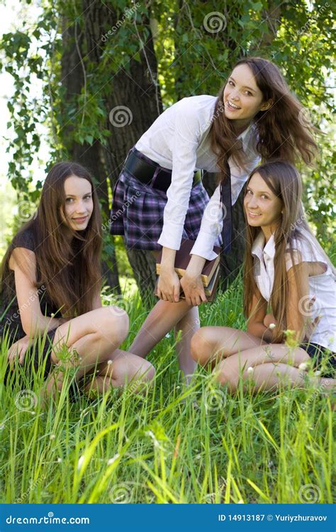 Three Pretty Student Girls With Books Outdoor Stock Image Image Of