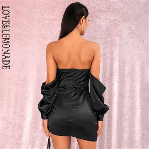 Sexy Black Bodycon Mini Party Dress Off The Shoulder Tube Top Loose Sleeves Smocked Tiestring