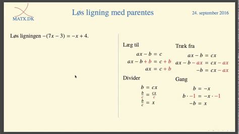 Dersom ligninger med flere ukjente skal ha entydige løsninger må man ha like mange ligninger som man har ukjente. Tal og ligninger - Ligning med minusparentes - YouTube