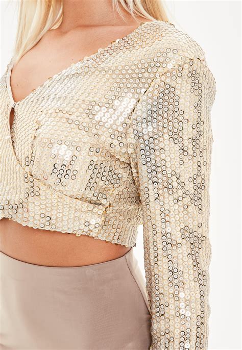 Missguided Synthetic Gold Sequin Wrap Crop Top In Metallic Lyst