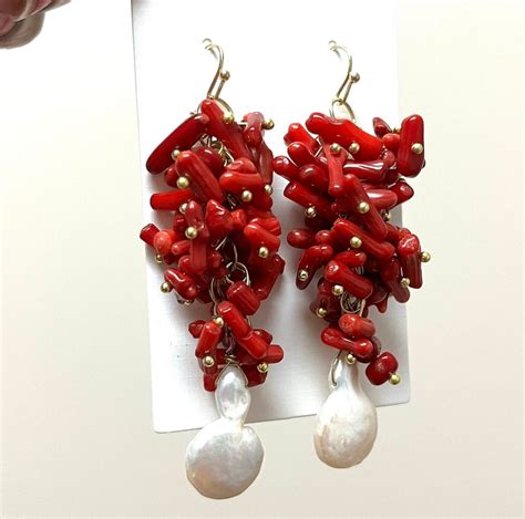 Coral Earrings Red Beaded Earrings Coral Cluster Baroque Etsy