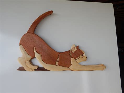 Cat Stretching Wood Intarsia Scroll Saw Art Wall Hanging Etsy